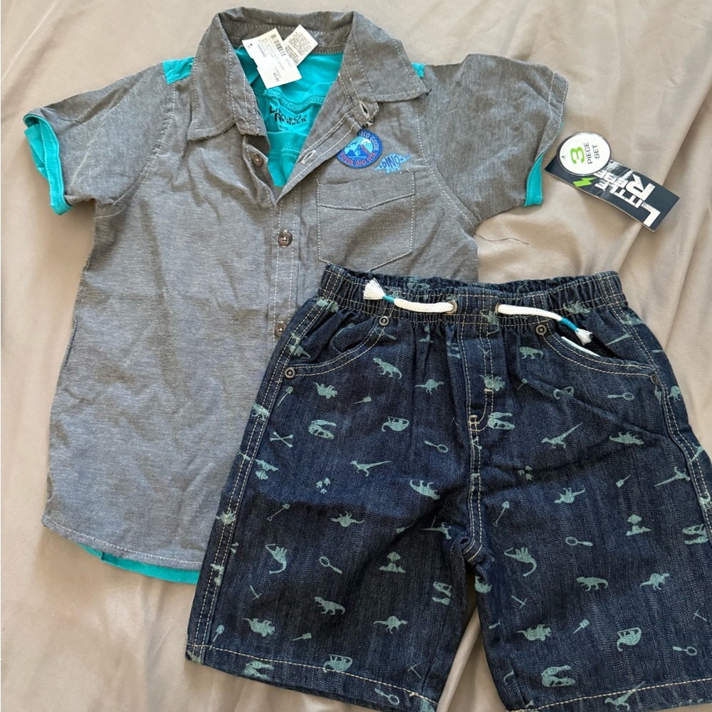 Stylish Kids Button Down Shirt and Shorts Set in Gray and Teal